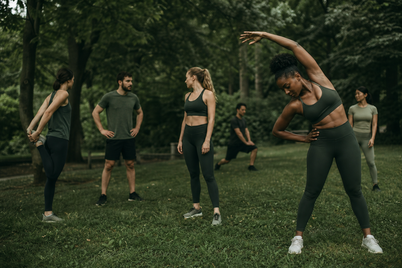 Kneemuscleox group stretching during a movement challenge